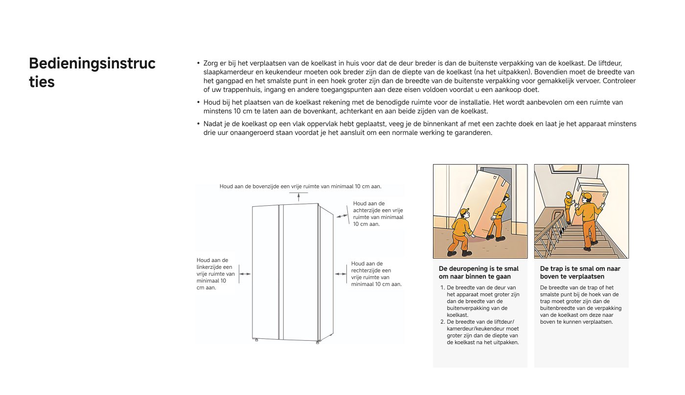Instructies voor het verplaatsen van een koelkast:

- Zorg ervoor dat de deurbreedte van de slaapkamer en keuken breder is dan de koelkast.
- Houd rekening met minimaal 10 cm ruimte aan de bovenkant, zijkanten en achterkant van de koelkast.
- Laat de koelkast na het uitpakken drie uur staan voordat je deze aansluit.

Illustraties tonen hoe je de koelkast veilig door smalle ruimtes en trappen kunt verplaatsen.
