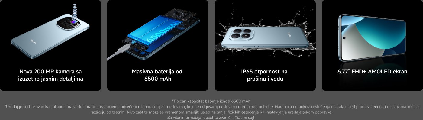 Nova 200 MP kamera sa izuzetno jasnim detaljima, masivna baterija od 6500 mAh, IP65 otpornost na prašinu i vodu, i 6.77" FHD+ AMOLED ekran. Uređaj je otporan na vodu i prašinu pod određenim laboratorijskim uslovima.