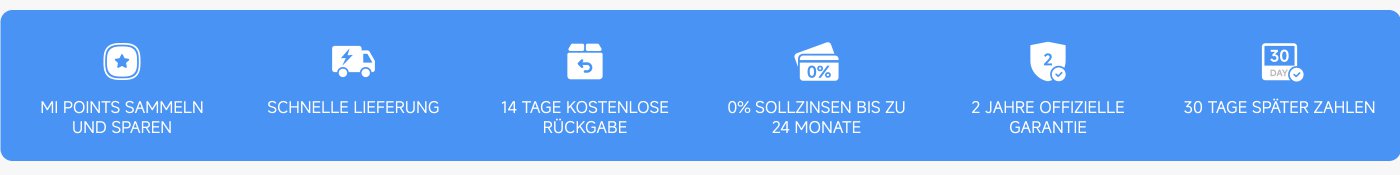 MI Punkte sammeln und sparen, schnelle Lieferung, 14 Tage kostenlose Rückgabe, 0% Sollzinsen bis zu 24 Monate, 2 Jahre offizielle Garantie, 30 Tage später zahlen.