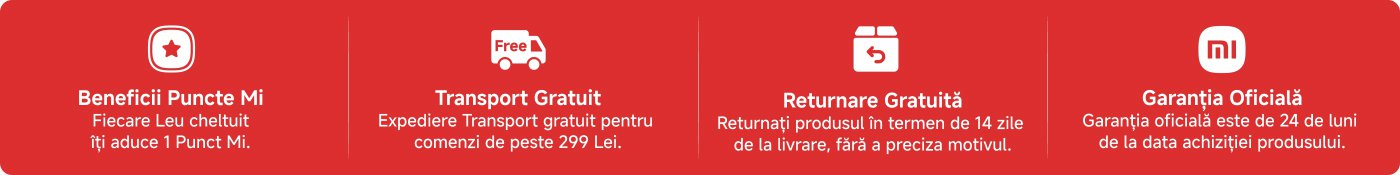 Imaginează-ți patru funcții de servicii, inclusiv „Puncte de beneficii”, „Transport gratuit”, „Returnare gratuită” și „Garanție oficială”, cu un fundal roșu și pictograme simple și clare.