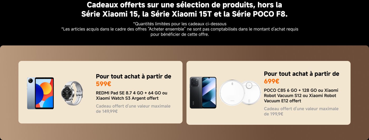 Informations sur la promotion des téléphones et des tablettes : à gauche se trouve le Redmi A5 (3 Go + 64 Go), au prix de 79 €, prix d'origine 133 € ; à droite se trouve le Redmi Pad SE (8 Go + 256 Go), au prix de 159,99 €, prix d'origine 301 €.