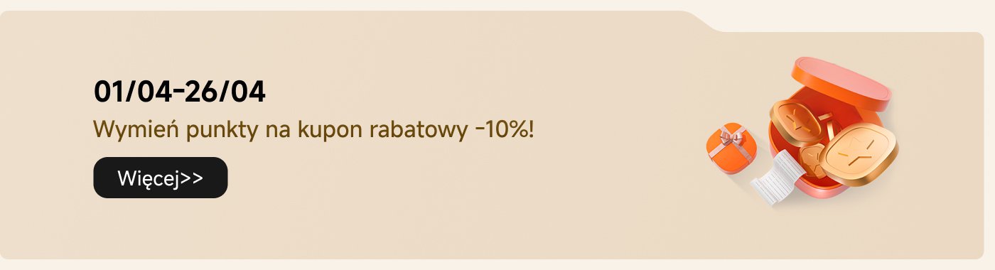 Baner promocyjny na ofertę ograniczoną czasowo od 1 kwietnia do 26 kwietnia. Zaprasza klientów do wymiany punktów na kupon rabatowy o wartości 10%. Zawiera elementy wizualne, takie jak pudełka z prezentami i tokeny zniżkowe. Przycisk wezwania do działania mówi "Więcej".