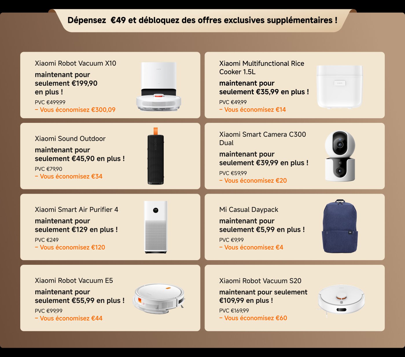 Promotion des produits Xiaomi, y compris des aspirateurs, des cuiseurs à riz, des sèche-cheveux, des purificateurs d'air, des écouteurs et des montres intelligentes, avec les prix et les prix suggérés indiqués, certains produits bénéficiant de remises significatives.