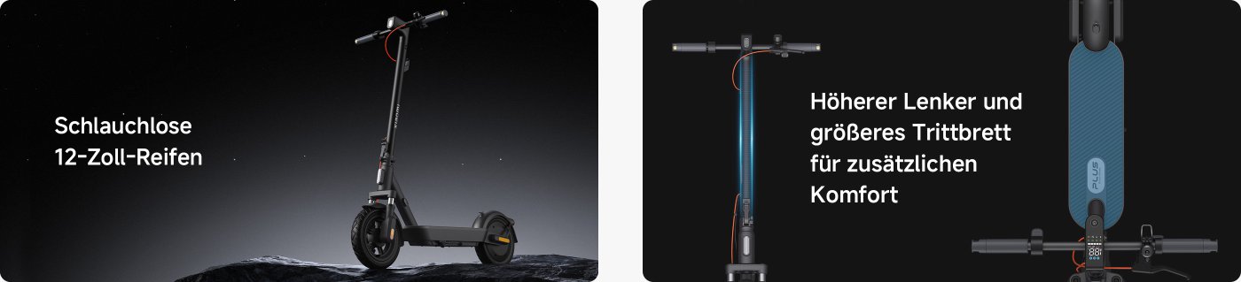 Ein Elektroroller, der durch seine 12-Zoll-Reifen ohne Innenschlauch, höhere Lenker und größere Fußstützen gekennzeichnet ist, die den Komfort erhöhen. Der Hintergrund ist ein dunkler Sternenhimmel, der das moderne Design des Produkts präsentiert.