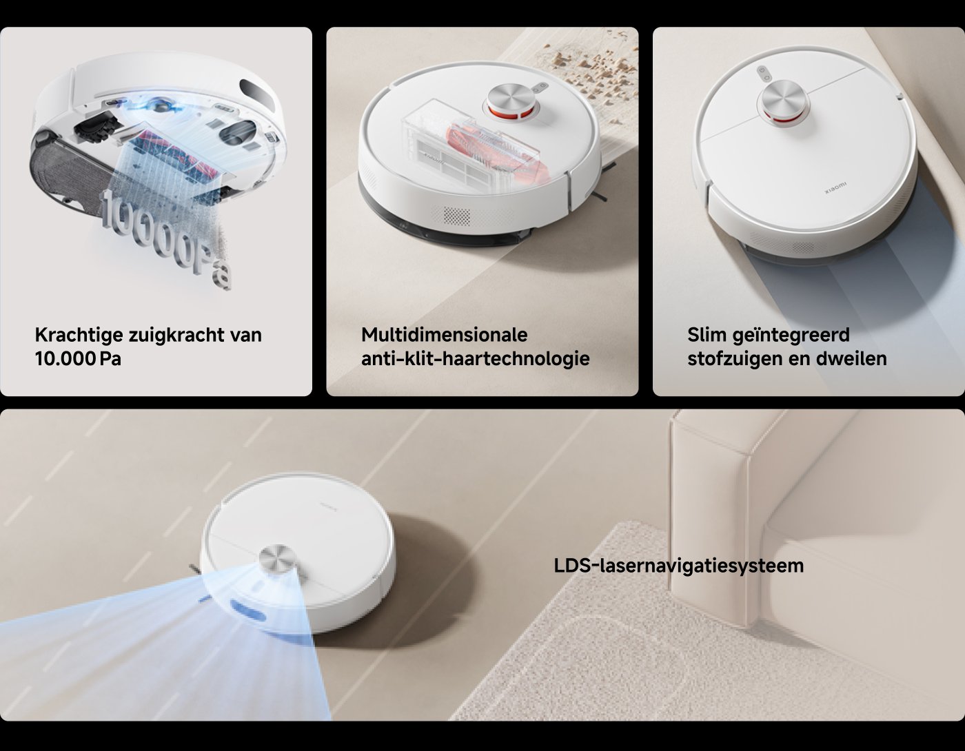 De afbeelding toont een slimme stofzuigerrobot met krachtige zuigkracht (10.000Pa), multidimensionale antiknooptechnologie, slimme geïntegreerde stofzuigen en dweilen, evenals een lasersysteem voor navigatie.