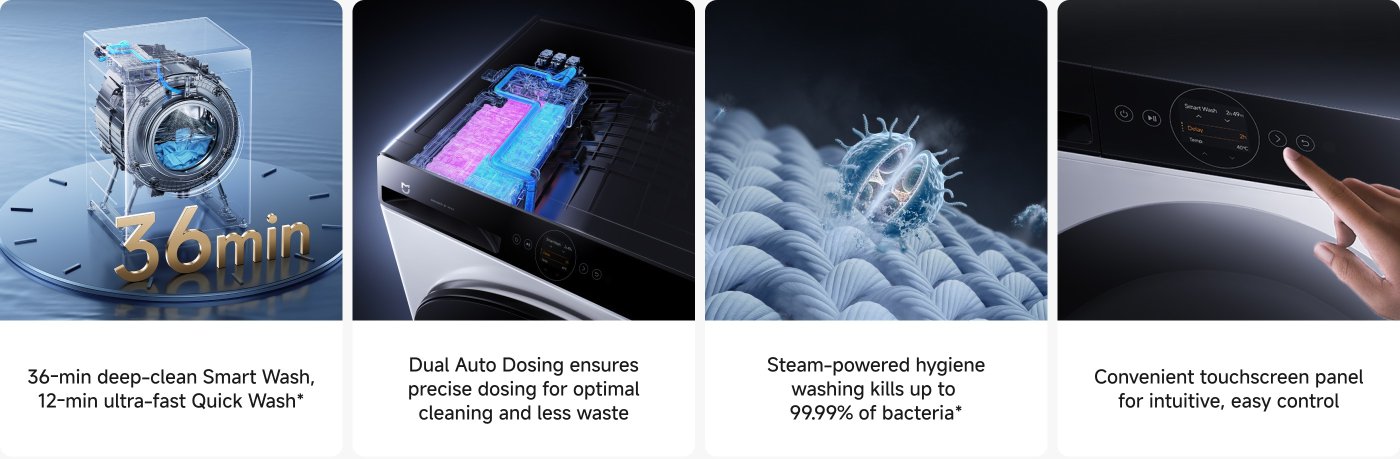 A modern washing machine featuring a transparent design showing its internal components. Key highlights include a 36-minute deep-clean Smart Wash and a 12-minute ultra-fast Quick Wash. It has dual auto dosing for optimal cleaning and a steam-powered system that kills up to 99.99% of bacteria. A touchscreen panel allows for intuitive control.