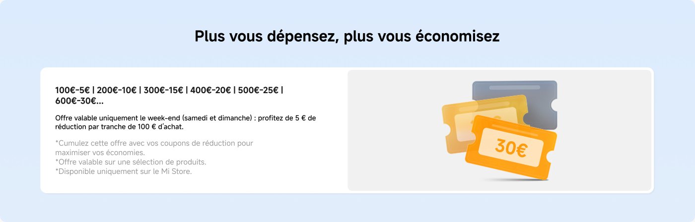 Offre promotionnelle indiquant des réductions basées sur le montant dépensé :

- 100€-5€ 
- 200€-10€ 
- 300€-15€ 
- 400€-20€ 
- 500€-25€ 
- 600€-30€

Valable uniquement le week-end, avec des instructions pour maximiser les économies.