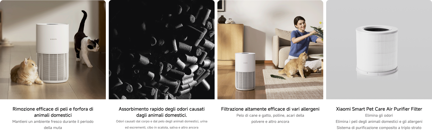 L'immagine mostra un purificatore d'aria, con due gatti accanto. Il testo sopra spiega le funzionalità del prodotto, tra cui l'efficace rimozione di peli di animali domestici e odori, la filtrazione di vari allergeni e l'uso di un sistema di filtraggio a tre strati. L'immagine presenta un ambiente domestico confortevole.