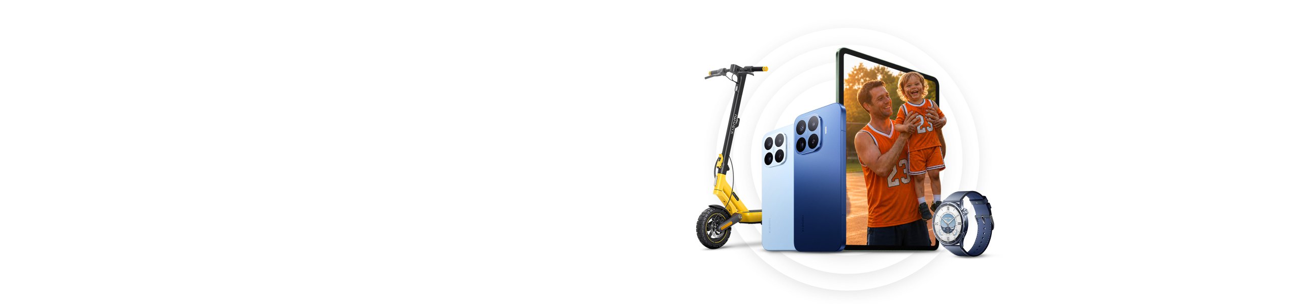 Un ensemble d'appareils électroniques, comprenant une télévision, un téléphone portable, une machine à laver, un scooter et une montre, sur un fond dégradé de bleu et de rouge.