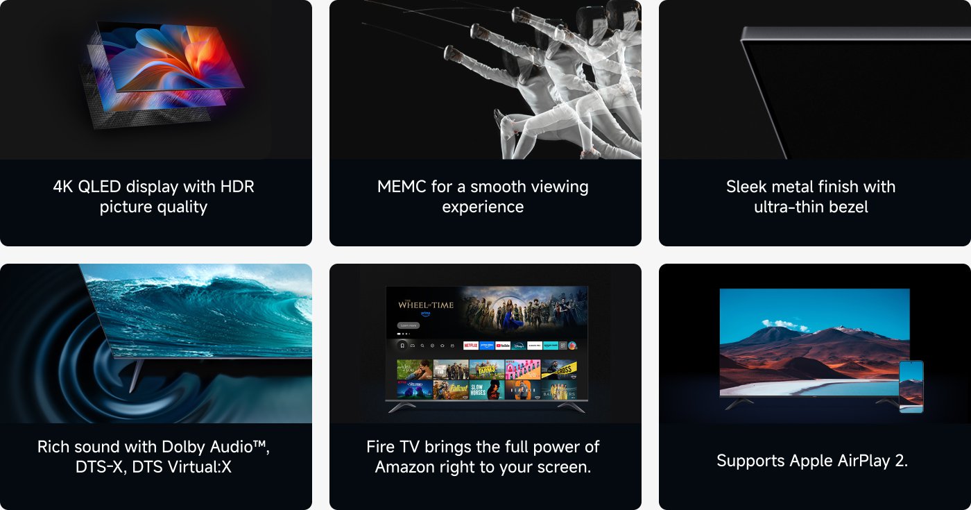 The text highlights the features of a television, including 4K eye-care display, MEMC technology, ultra-slim metal frame, Dolby audio, Fire TV functionality, and support for Apple AirPlay 2.