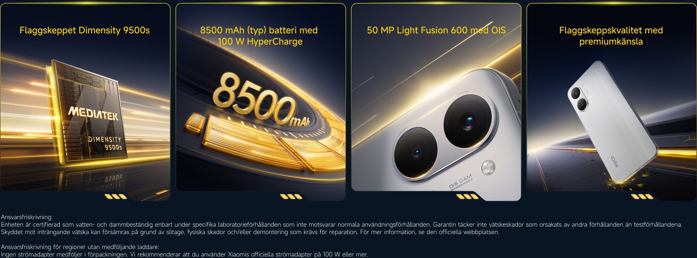 En bild för en smartphone-promotion visar nyckelfunktioner, inklusive:

- **Processor**: MediaTek Dimensity 9500s
- **Batteri**: 8500 mAh med 100W HyperCharge
- **Kamera**: 50 MP Light Fusion 600 med OIS
- **Byggkvalitet**: Premium känsla

Ytterligare anteckningar nämner vatten- och dammtålighet under specifika förhållanden och avsaknad av en strömadapter i förpackningen.
