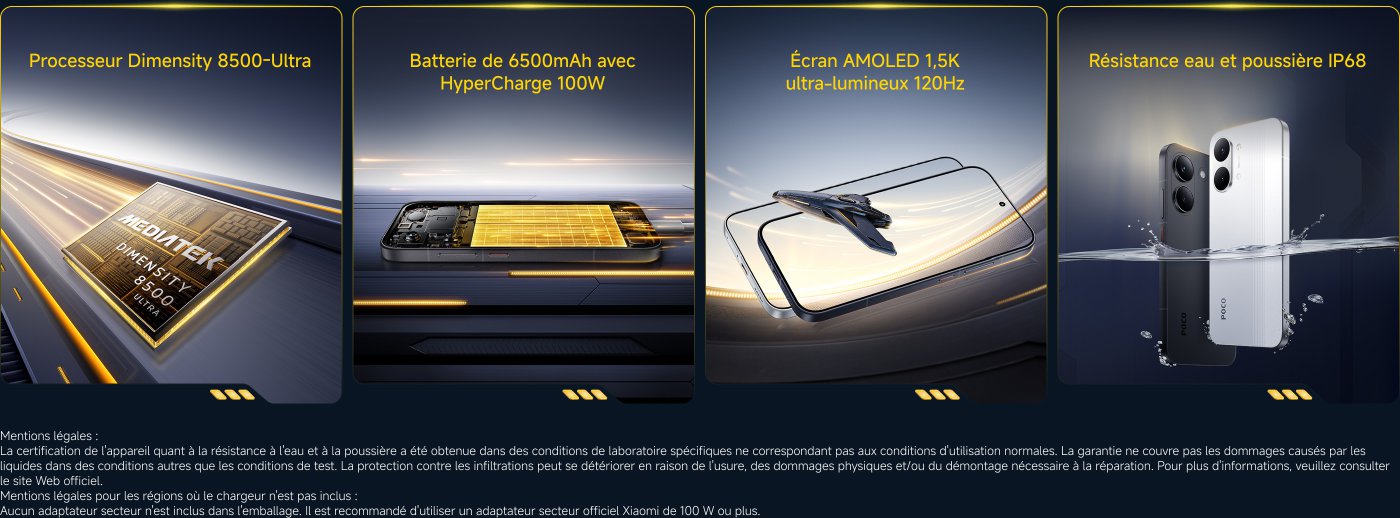 L'image présente les principales spécifications d'un smartphone, y compris :

1. **Processeur** : Mediatek Dimensity 8500-Ultra.
2. **Batterie** : 6500mAh avec 100W HyperCharge.
3. **Écran** : Écran AMOLED ultra-clair 1.5K 120Hz.
4. **Résistance à l'eau et à la poussière** : Classement IP68.

Il y a également des avertissements légaux concernant la certification de résistance à l'eau et à la poussière de l'appareil et la couverture de garantie.