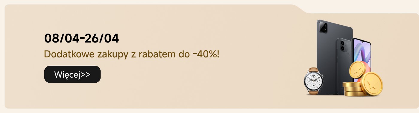 Grafika promocyjna przedstawiająca smartfon, tablet, zegarek i monety. Tekst wskazuje okres wyprzedaży od 8 kwietnia do 26 kwietnia, z rabatami do 40%.