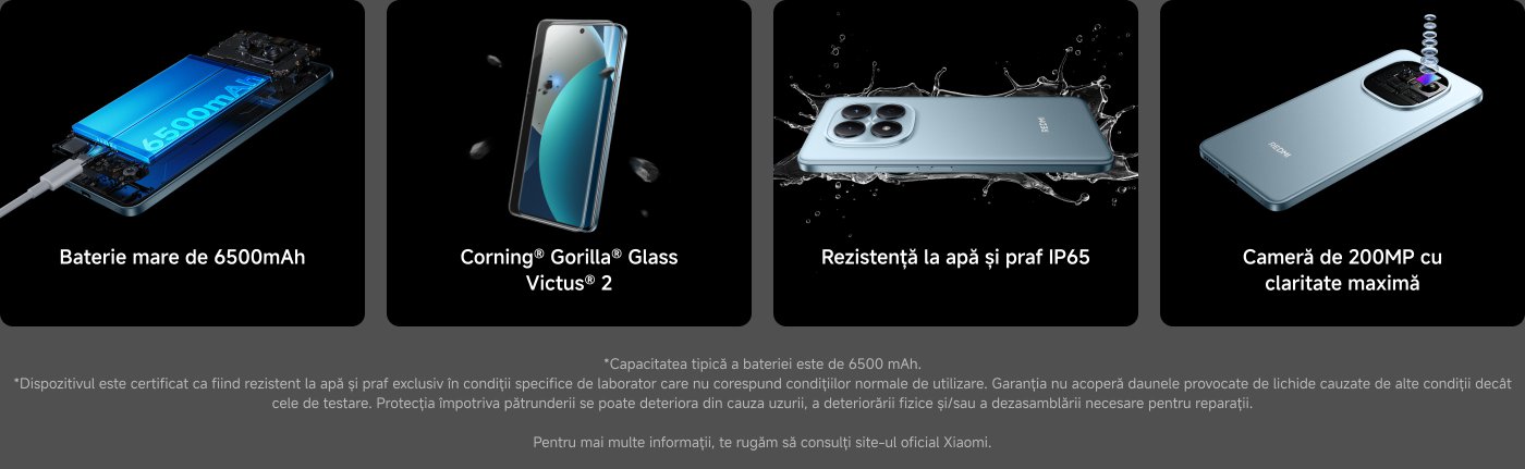 Baterie de 6500mAh, sticlă Corning® Gorilla® Glass Victus® 2, rezistență la apă și praf IP65, cameră de 200MP cu claritate maximă. Informații suplimentare disponibile pe site-ul oficial Xiaomi.
