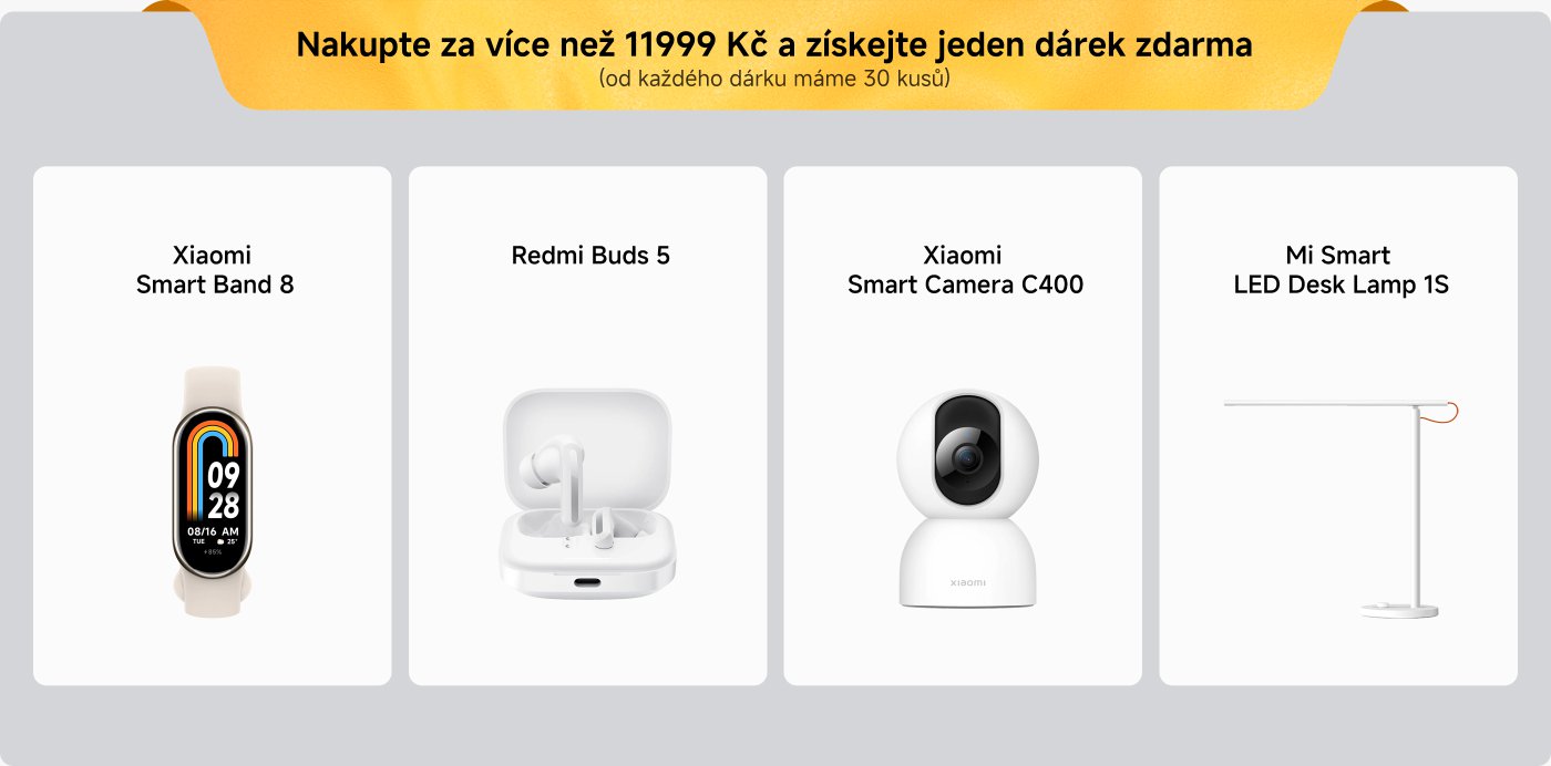 Při nákupu nad 11999 českých korun získáte jeden bezplatný dárek (každý typ dárku má 30 kusů). Zobrazené produkty zahrnují: Xiaomi Mi Band 8, Redmi Buds 5, Xiaomi Mi Camera C400 a Xiaomi Mi LED Desk Lamp 1S.