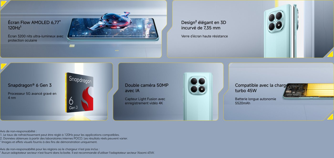 Écran Flow AMOLED de 6,77" avec une luminosité de 3200 nits et protection oculaire. Design 3D élégant de 7,35 mm, verre résistant. Processeur Snapdragon 6 Gen 3 gravé en 4 nm. Double caméra de 50MP avec enregistrement vidéo 4K. Batterie de 5520mAh compatible avec la charge turbo de 45W.