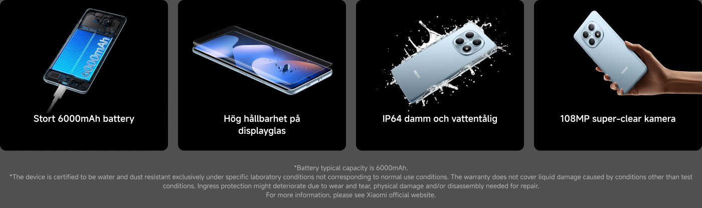 Bilden visar funktioner hos en smartphone, med fokus på:

- Ett stort 6000mAh-batteri
- Hög hållbarhet hos displayglaset
- IP64 damm- och vattentålighet
- En 108MP superklar kamera

Ytterligare text noterar att batterikapaciteten är typisk och att enhetens vattentålighet och dammtålighet är certifierad under specifika förhållanden. För mer information hänvisas till Xiaomis officiella webbplats.