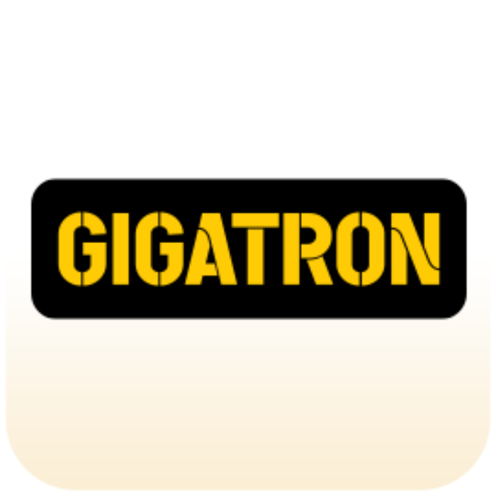 Logo sa rečju "GIGATRON" u podebljanim, žutim slovima na crnoj pozadini, sa čistim i jednostavnim dizajnom. Pozadina je gradijent od bele do svetlo bež.