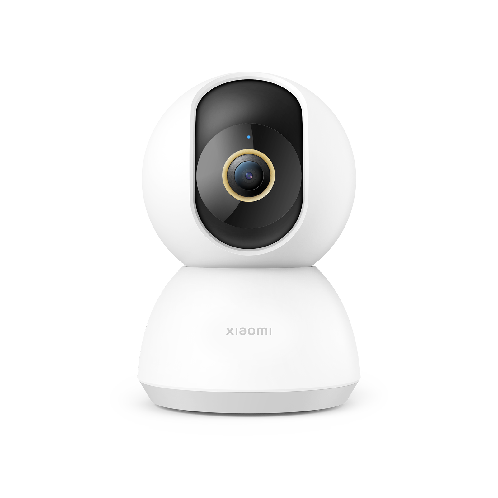 The Xiaomi Smart Camera C300, a white dome camera, on a shelf with its lens rotating.