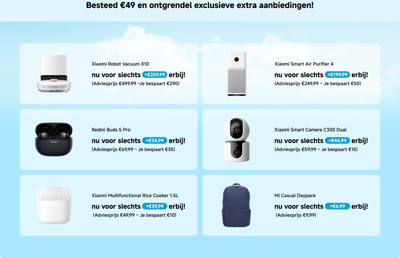 Promotiecampagne, bij een besteding van €49 krijgt u een extra korting. Er worden verschillende Xiaomi-producten en hun prijzen getoond, waaronder de Xiaomi robotstofzuiger, de Xiaomi luchtzuiveraar, de Xiaomi slimme camera, de Redmi oordopjes en de multifunctionele rijstkoker.