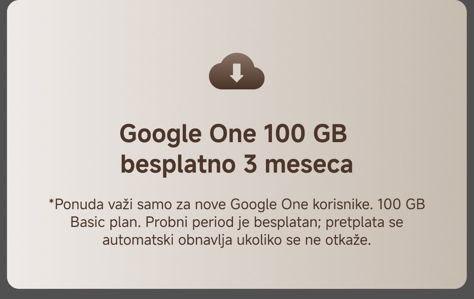 Google One 100 GB besplatno 3 meseca. Ponuda važi samo za nove korisnike. Probni period je besplatan; pretplata se automatski obnavlja ukoliko se ne otkaže.