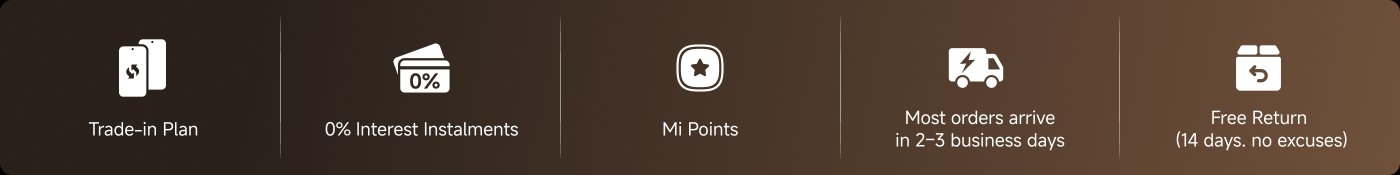 Provided multiple service information, including: trade-in program, 0% interest installment payments, Mi points, delivery of orders within 2-3 working days, and a 14-day free return policy.