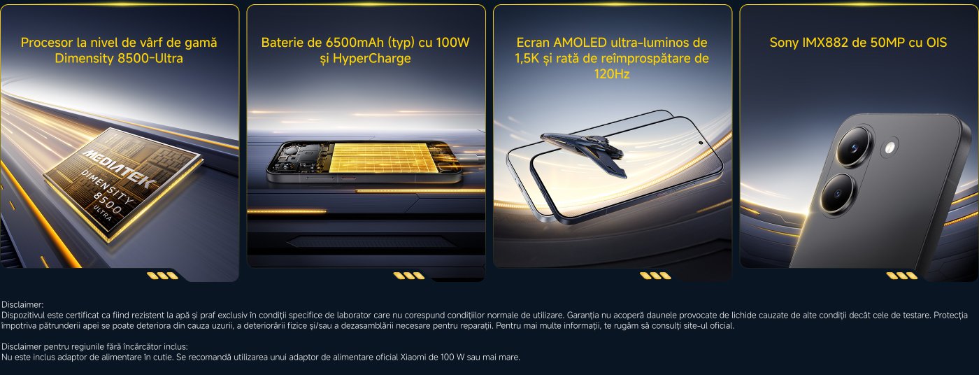 Compararea celor trei telefoane din seria POCO F7, respectiv POCO F7, POCO F7 Pro și POCO F7 Ultra. Caracteristicile lor principale includ procesorul, ecranul, camera, viteza de încărcare și informațiile despre preț. Capacitatea bateriei și tehnologia de încărcare a fiecărui telefon sunt, de asemenea, diferite, fiind de 6500mAh, 6000mAh și 5300mAh.