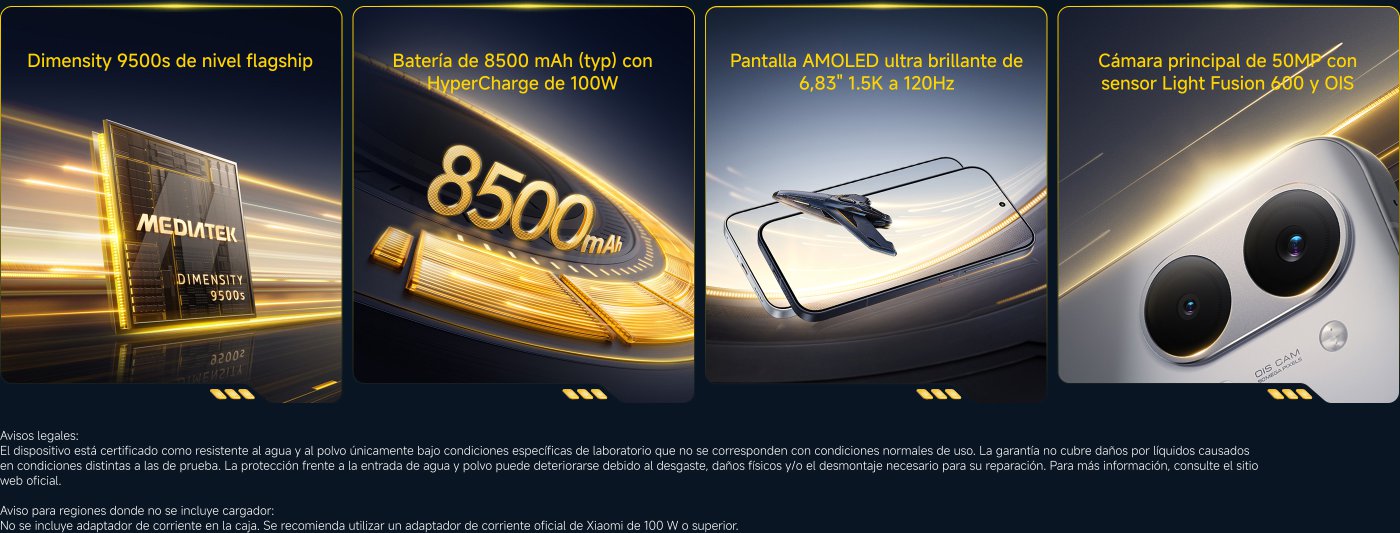 The text presents specifications of a mobile device. It highlights the Mediatek Dimensity 9500s processor, an 8500 mAh battery with 100W fast charging, a 6.83” AMOLED screen at 120Hz, and a 50MP main camera with Light Fusion 600 sensor and OIS. It also includes legal notices about water resistance and the non-inclusion of a charger in some regions.