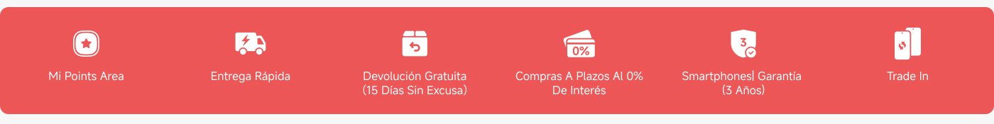 La imagen muestra una serie de opciones de servicio, que incluyen:

1. Área de Mi Puntos
2. Entrega Rápida
3. Devolución Gratuita (15 días sin preguntas)
4. Compras a Plazos al 0% de Interés
5. Garantía de Smartphones (3 años)
6. Intercambio

Cada opción está representada con un ícono y se presenta sobre un fondo rojo.