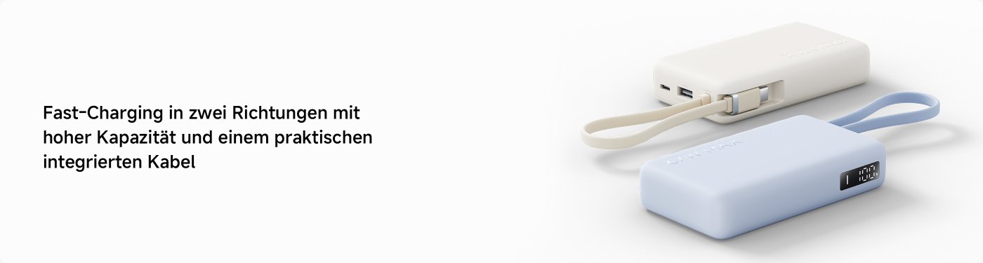 Eine weiße und eine blaue Powerbank, beide mit integriertem Kabel. Die weiße Powerbank hat Anschlüsse für das Aufladen, während die blaue einen digitalen Ladezustandsanzeiger zeigt. Der Text beschreibt das schnelle Laden in zwei Richtungen mit hoher Kapazität.
