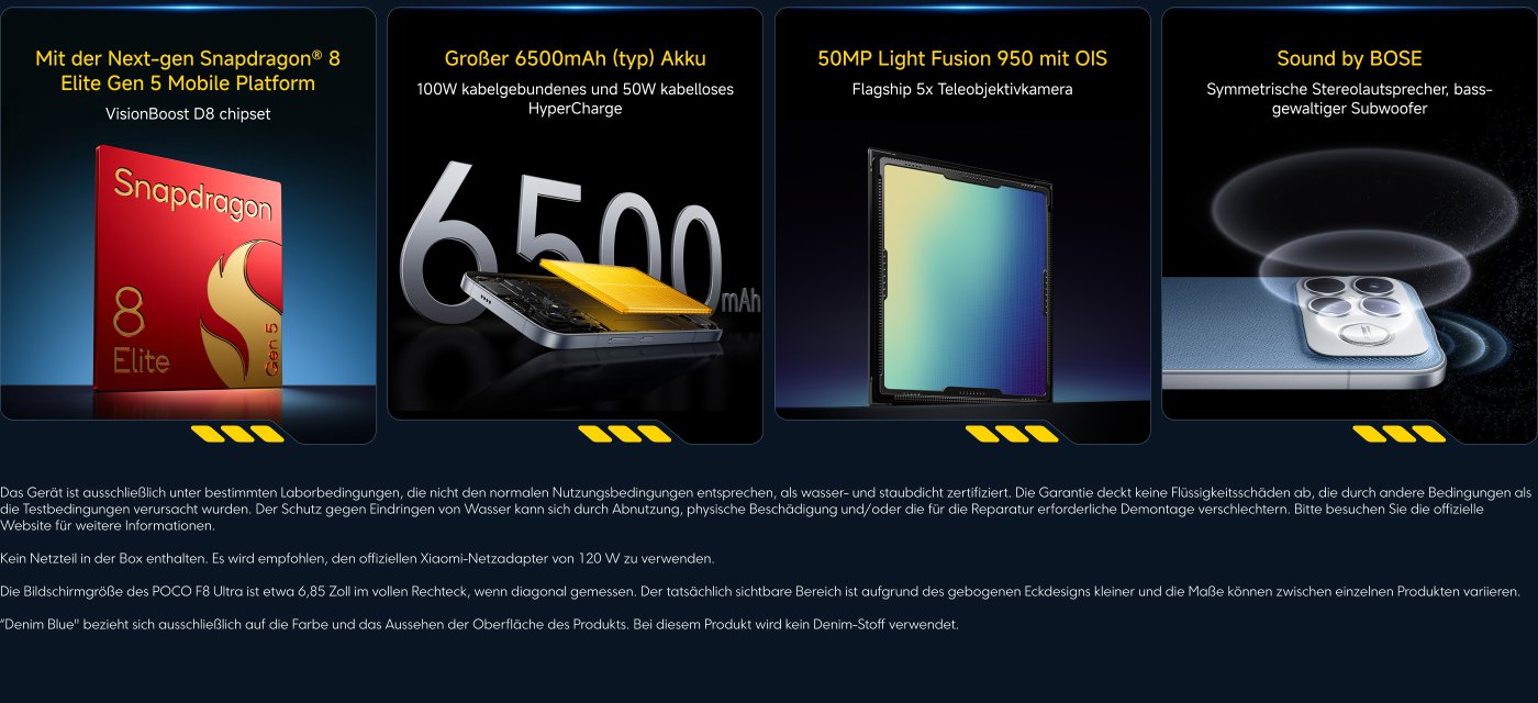 Gerätebeschreibung, einschließlich der Snapdragon 8 Elite Gen 5 Mobilplattform, einem 6500 mAh Akku, einer 50 MP Light Fusion 950 Kamera und einem BOSE Soundsystem. Die Verwendung des offiziellen 120W Ladegeräts wird empfohlen, die Bildschirmgröße beträgt etwa 6,85 Zoll.