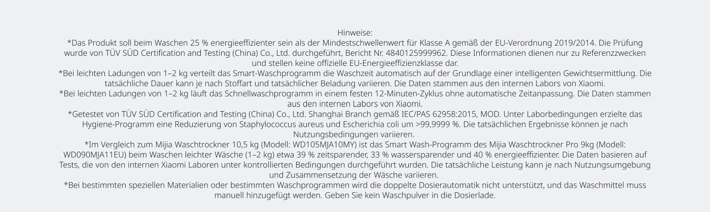 Hinweistext zu einem Produkt, das energieeffizienter ist als der Mindestwert für Klasse A gemäß EU-Verordnung. Es werden Details zu den Testergebnissen, Waschprogrammen und Einsparungen in Wasser und Energie gegeben, die auf internen Labortests basieren.