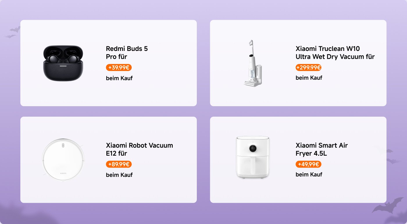Präsentation mehrerer Xiaomi-Produkte, darunter die Redmi Buds 5 Pro, der Xiaomi Truclean W10 Nass- und Trockensauger, der Xiaomi Robot Vacuum E12 und die Xiaomi Smart Air Fryer 4,5L, mit Preisen von 39,99 € bis 299,99 €.