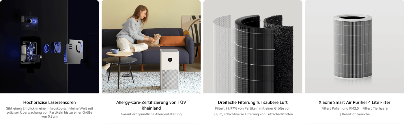Es zeigt mehrere Modelle von Luftreinigern und deren Funktionen. Auf der linken Seite befindet sich ein hochpräziser Lasersensor, der kleinste Partikel überwachen kann. In der Mitte ist ein Luftreiniger einer bestimmten Marke, mit einer Frau, die mit einer Katze interagiert, daneben steht der Reiniger. Auf der rechten Seite wird das dreifache Filtersystem und der Filter des Xiaomi-Luftreinigers gezeigt, wobei die Filterwirkung hervorgehoben wird.