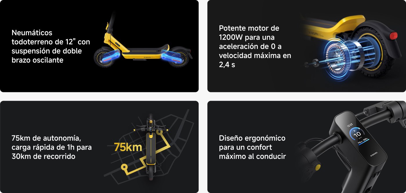 Un patinete eléctrico con neumáticos todoterreno de 12", suspensión de doble brazo oscilante, y un potente motor de 1200W que permite acelerar de 0 a velocidad máxima en 2,4 segundos. Ofrece 75 km de autonomía y carga rápida de 1 hora para 30 km de recorrido, además de un diseño ergonómico para mayor confort al conducir.