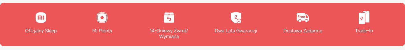 Obraz przedstawia listę ikon zawierającą wiele usług i funkcji, głównie związanych z marką Xiaomi, w tym: oficjalny sklep, punkty Mi, 14-dniowy okres zwrotu/wymiany, dwuletnia gwarancja, darmowa dostawa oraz usługa wymiany na nowe.