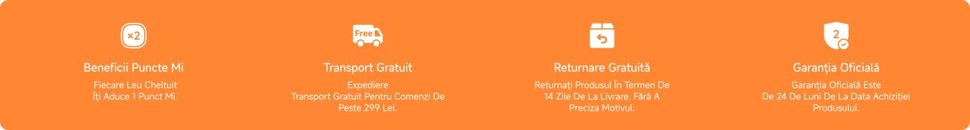 Imaginează-ți patru funcții de servicii, inclusiv „Puncte de beneficii”, „Transport gratuit”, „Returnare gratuită” și „Garanție oficială”, cu un fundal roșu și pictograme simple și clare.