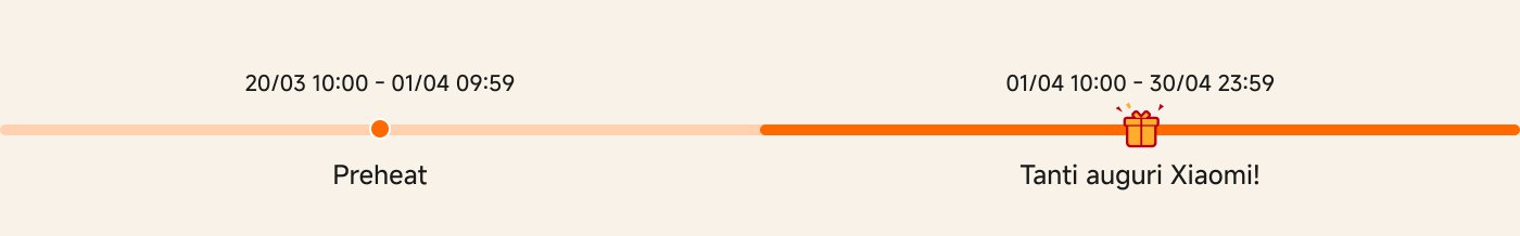 Periodo di tempo:

- Attività di riscaldamento: 20/03 10:00 - 01/04 09:59
- Attività ufficiale: 01/04 10:00 - 30/04 23:59

Testo in fondo “Preheat” e “Tanti auguri Xiaomi!”.