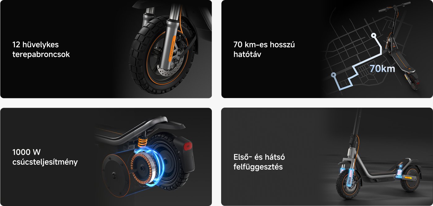 Bemutat egy elektromos roller különböző jellemzőit, beleértve a 12 hüvelykes terepjáró gumiabroncsokat, a 70 kilométeres hatótávolságot, az 1000W teljesítményt és az elöl-hátul felfüggesztési rendszert. Az egész dizájn modern, különböző útviszonyokhoz alkalmas.