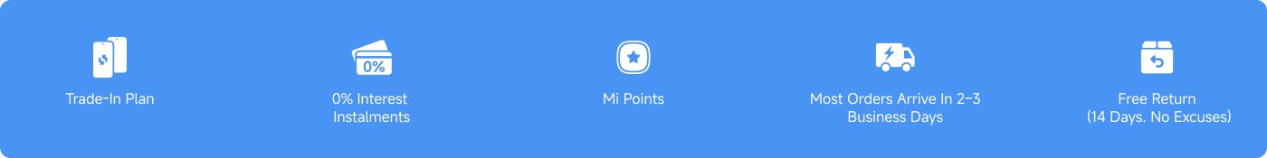 The image contains several promotional features related to a service or product, outlined as follows:

- Trade-In Plan
- 0% Interest Installments
- Mi Points
- Most Orders Arrive in 2-3 Business Days
- Free Return (14 Days. No Excuses)