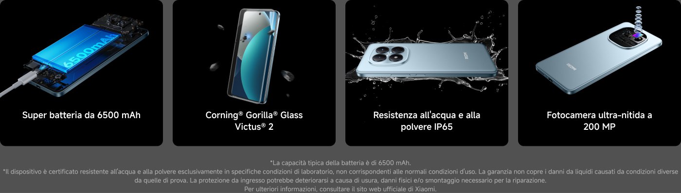 Batteria super da 6500 mAh, display in Corning® Gorilla® Glass Victus® 2, resistenza all'acqua e alla polvere IP65, e fotocamera ultra-nitida da 200 MP. Informazioni supplementari disponibili sul sito web ufficiale di Xiaomi.