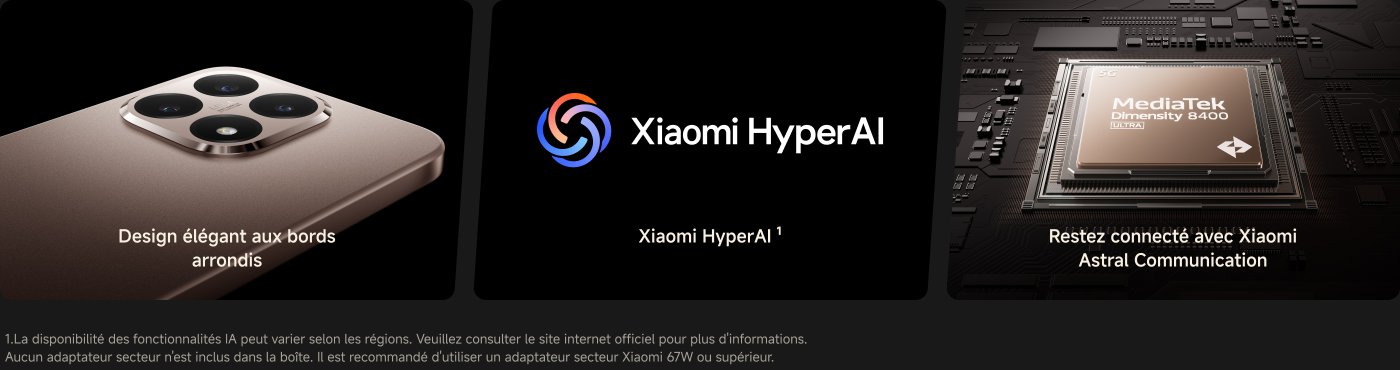 Le design élégant du téléphone Xiaomi, équipé de quatre caméras. Il met en avant la technologie Xiaomi HyperAI et la puce MediaTek Dimensity 8400, soulignant la connexion avec la Communication Astrale de Xiaomi.