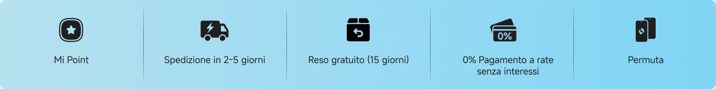 Informazioni relative a diversi servizi e promozioni, che includono: Mi Point, spedizione entro 2-5 giorni, restituzione gratuita entro 15 giorni, finanziamento a tasso zero e servizi di permuta.