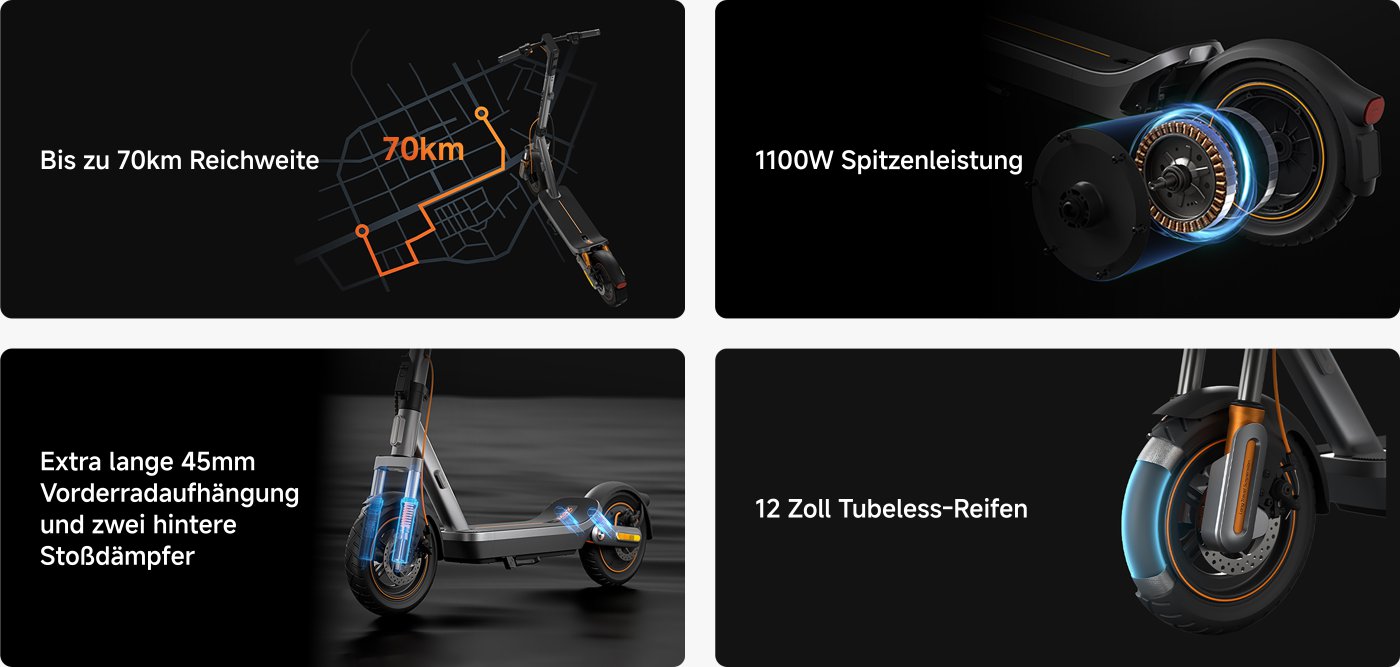 Vlastnosti elektrické koloběžky zahrnují:

- Nejdelší dojezd až 70 kilometrů
- Špičkový výkon 1100 W
- 12palcové bezdušové pneumatiky
- Extra dlouhé 45mm přední zavěšení a dvě zadní tlumiče

Ukazuje design a technické vlastnosti elektrické koloběžky.