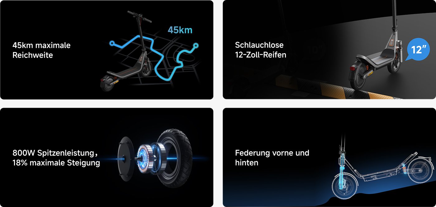 Obsah ukazuje různé vlastnosti elektrické koloběžky.

- Maximální dojezd 45 km.
- Bezdušové 12palcové pneumatiky.
- Špičkový výkon 800 W s maximálním stoupáním 18 %.
- Přední a zadní odpružení pro lepší komfort.