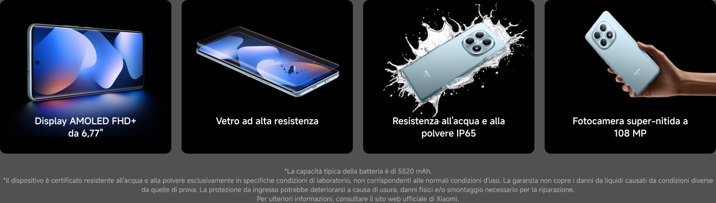Display AMOLED FHD+ da 6,77", vetro ad alta resistenza, resistenza all'acqua e alla polvere IP65, fotocamera super-nitida a 108 MP. Capacità tipica della batteria è di 5520 mAh. Dispositivo certificato resistente all'acqua e alla polvere in specifiche condizioni di laboratorio.
