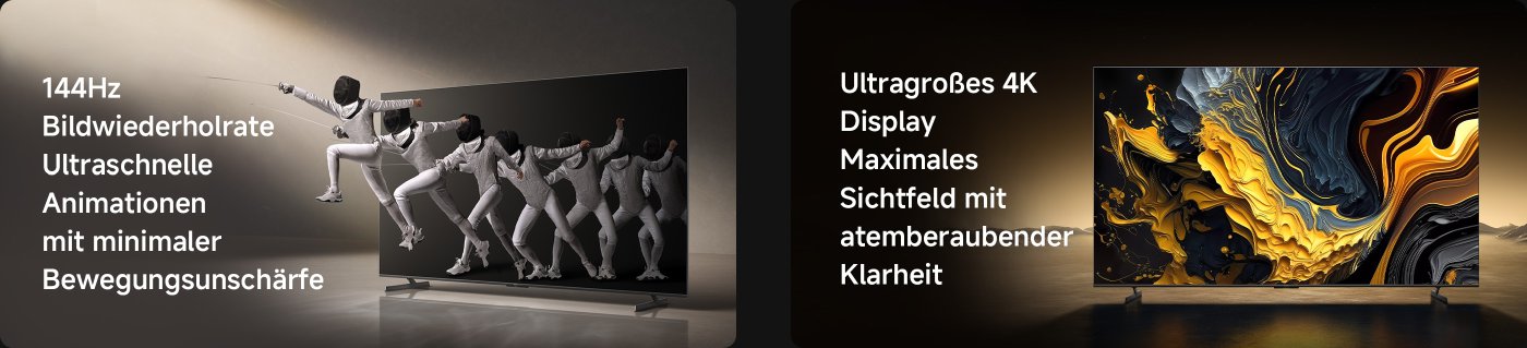 Zeigen Sie Werbung für zwei Fernseher. Oben wird ein Fernseher mit 144Hz Bildwiederholrate beschrieben, der ultraschnelle Animationen und minimale Bewegungsunschärfe betont; unten wird ein riesiger 4K-Bildschirm vorgestellt, der ein enormes Sichtfeld und erstaunliche Klarheit hervorhebt.