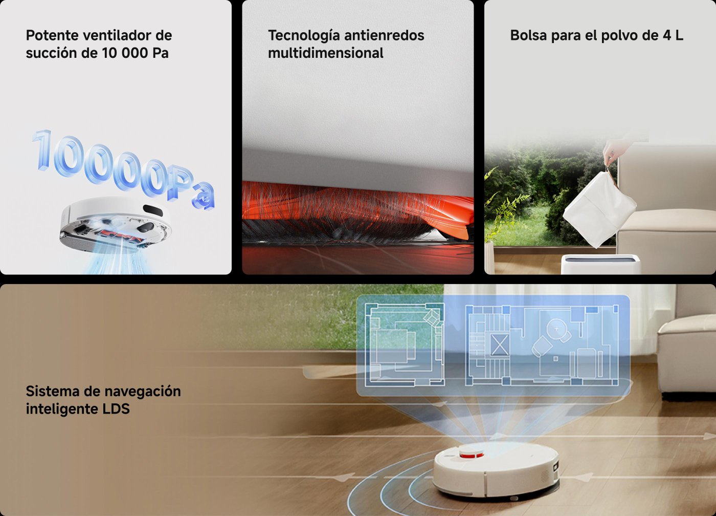 Ventilador de succión potente de 10,000 Pa, tecnología antienredos multidimensional, bolsa para el polvo de 4 L y sistema de navegación inteligente LDS para una aspiración eficiente.
