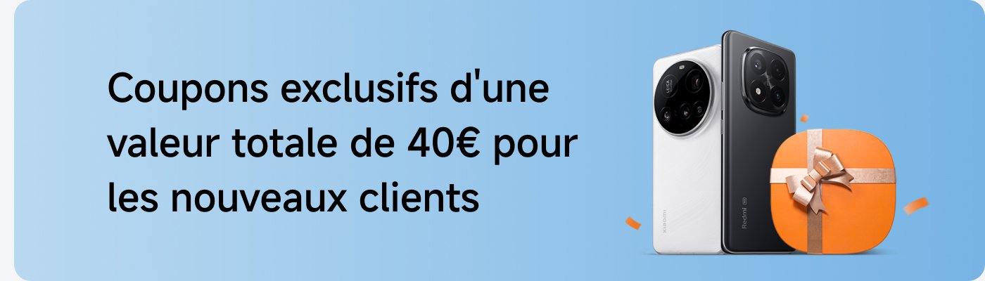 Xiaomi phone displayed on a blue background, next to it is an orange gift box. The text says "Exclusive coupons worth a total of €40 for new customers," indicating a €40 discount for new customers.