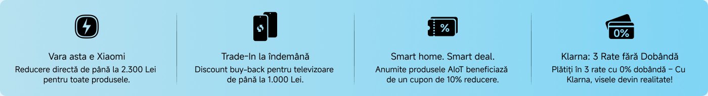 Oferim un grafic care ilustrează patru servicii, care includ: pentru fiecare leu cheltuit, se obține 1 punct; toate produsele beneficiază de livrare gratuită; returul fără motive este acceptat în termen de 14 zile; perioada oficială de garanție este de 24 de luni.